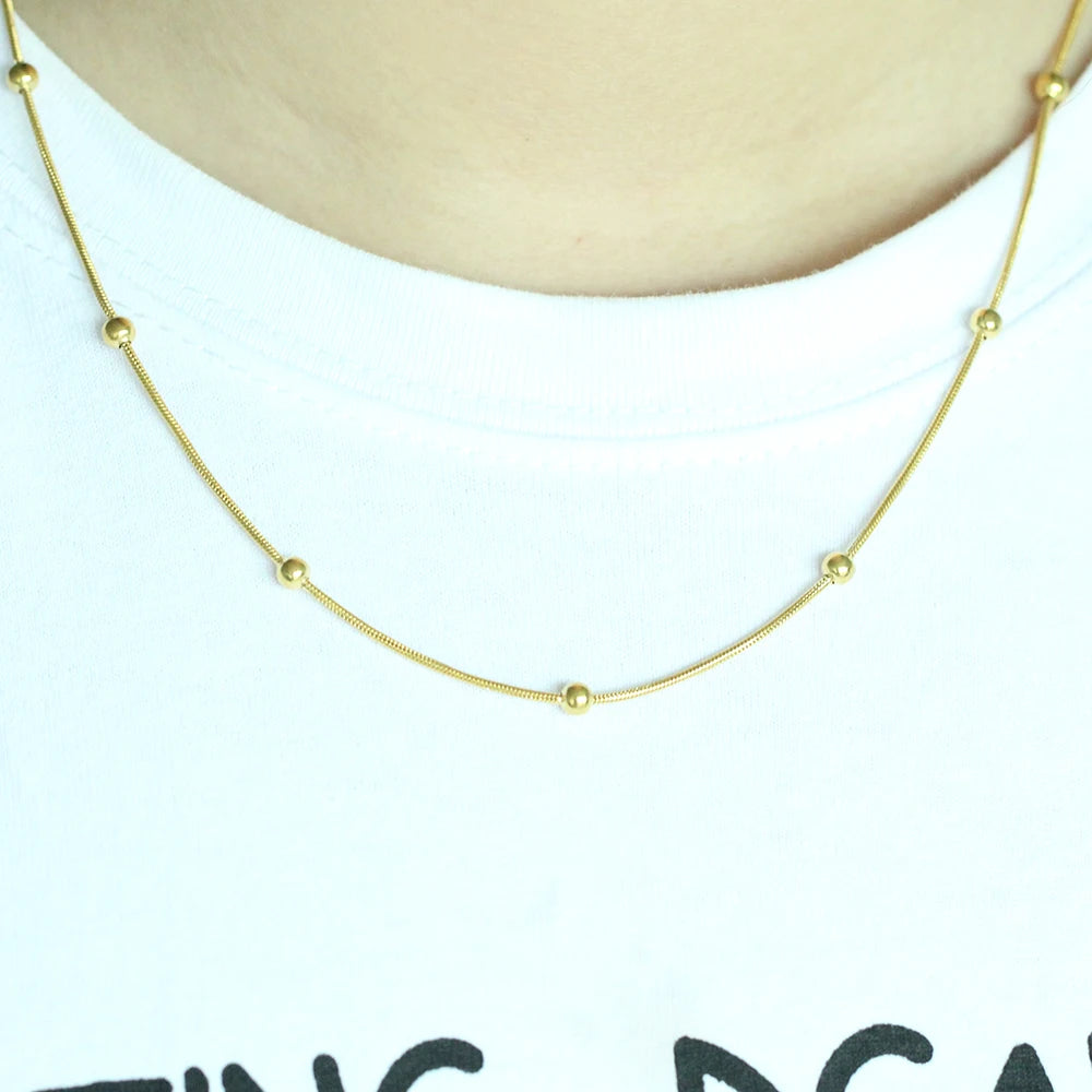 NIBA 316L Stainless Steel Gold-color Round Ball Pendant Necklace Link Chain Necklace Fashion Jewelry For Women or Men