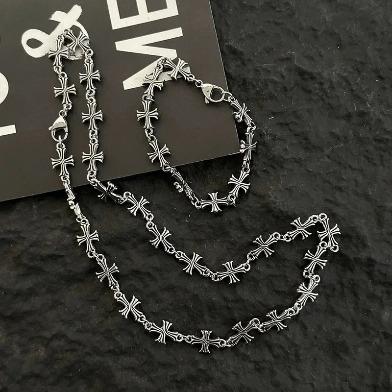 Retro Splice Design Cross Pattern Necklace Unisex Fashionable Versatile High-End Feeling Hip Hop Vintage Bracelet Necklace